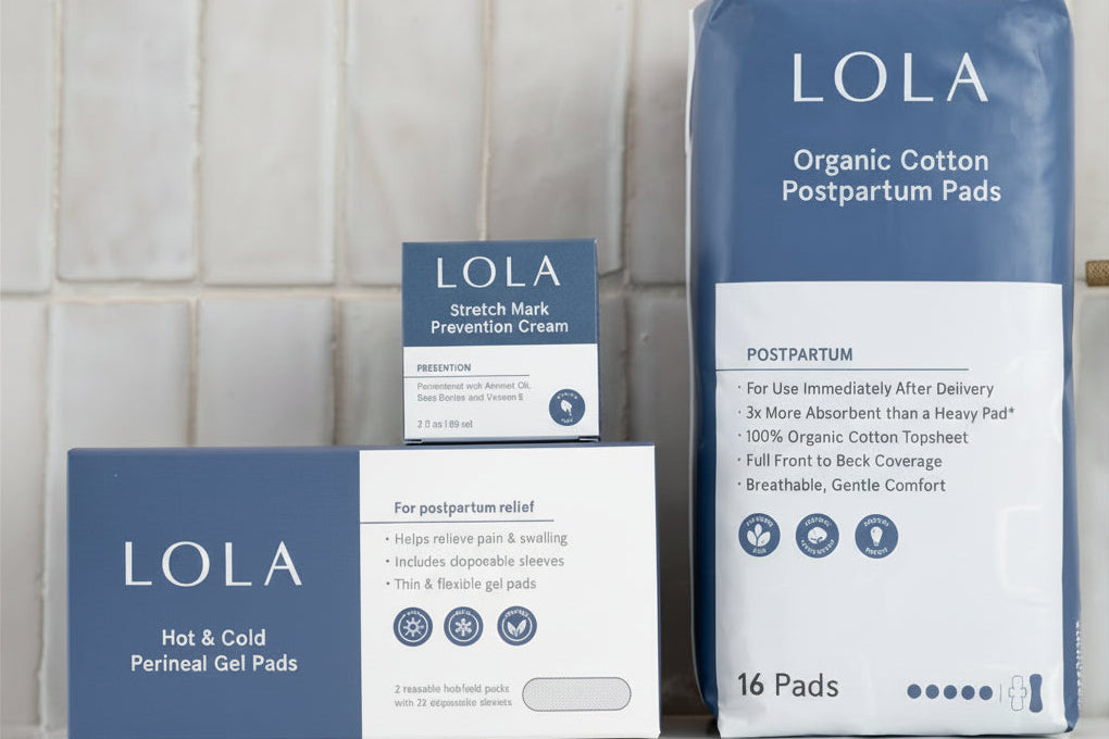 Postpartum pads product beside perineal gel pads and stretch mark prevention cream on top