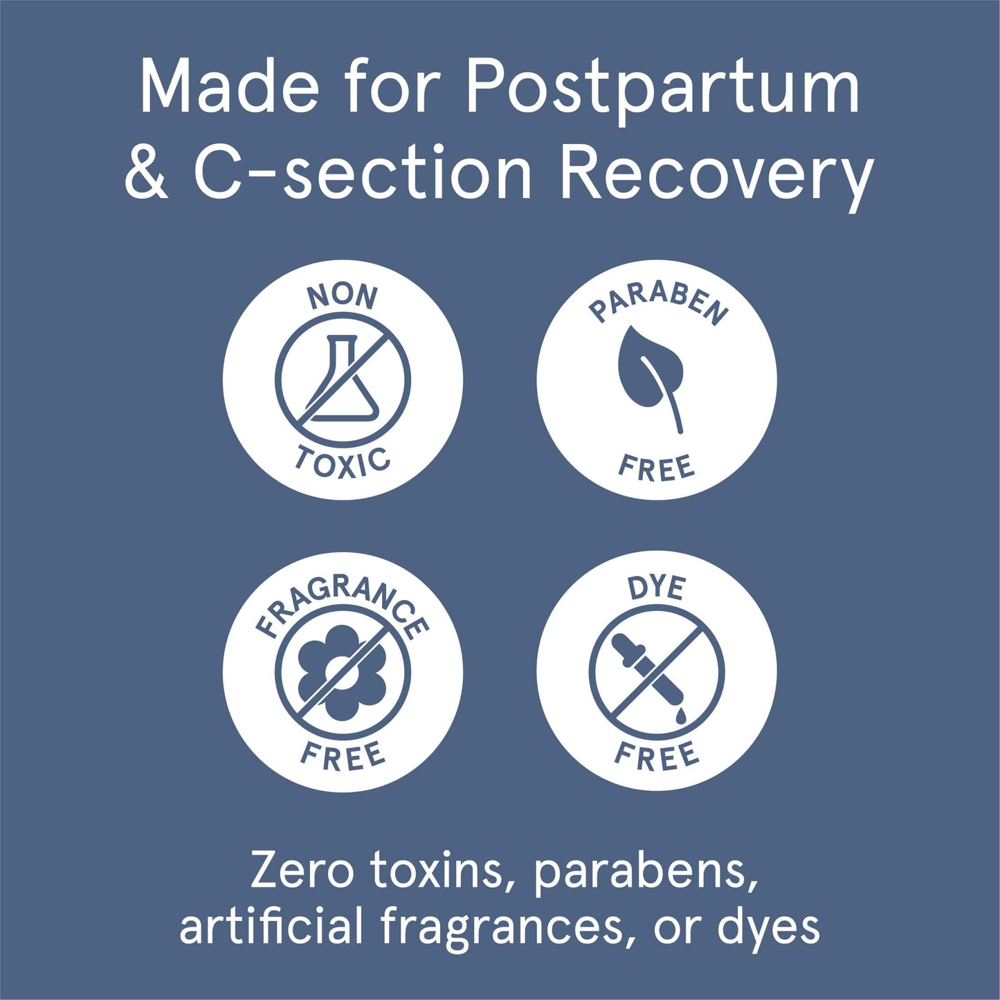 Infographic showcasing the postpartum line is non-toxic, paraben free, fragrance free and dye free